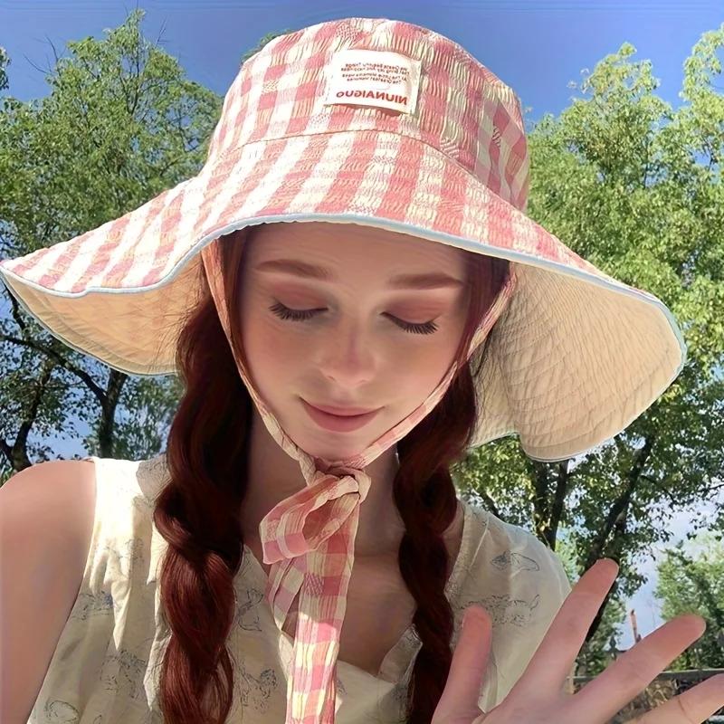 Chapeau de pêcheur à carreaux, pare-soleil de plage, bord de mer, tendance, double face, portable, p