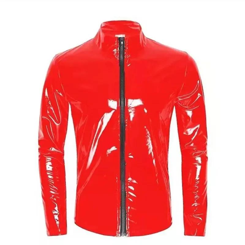 Nouveaux hommes Cardigan à fermeture éclair col montant chemise PVC brillant en cuir verni Sexy serr