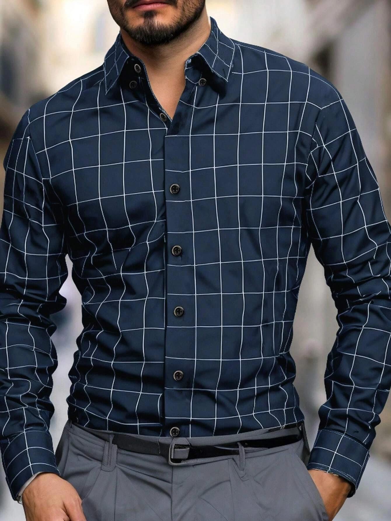 Chemise à carreaux de couleur unie pour hommes chemise boutonnée à manches longues affaires décontra