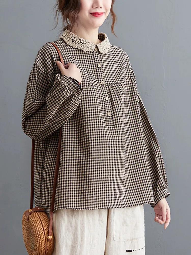 Chemises décontractées à manches longues pour femmes, style simple, col en dentelle, vintage, plaid,