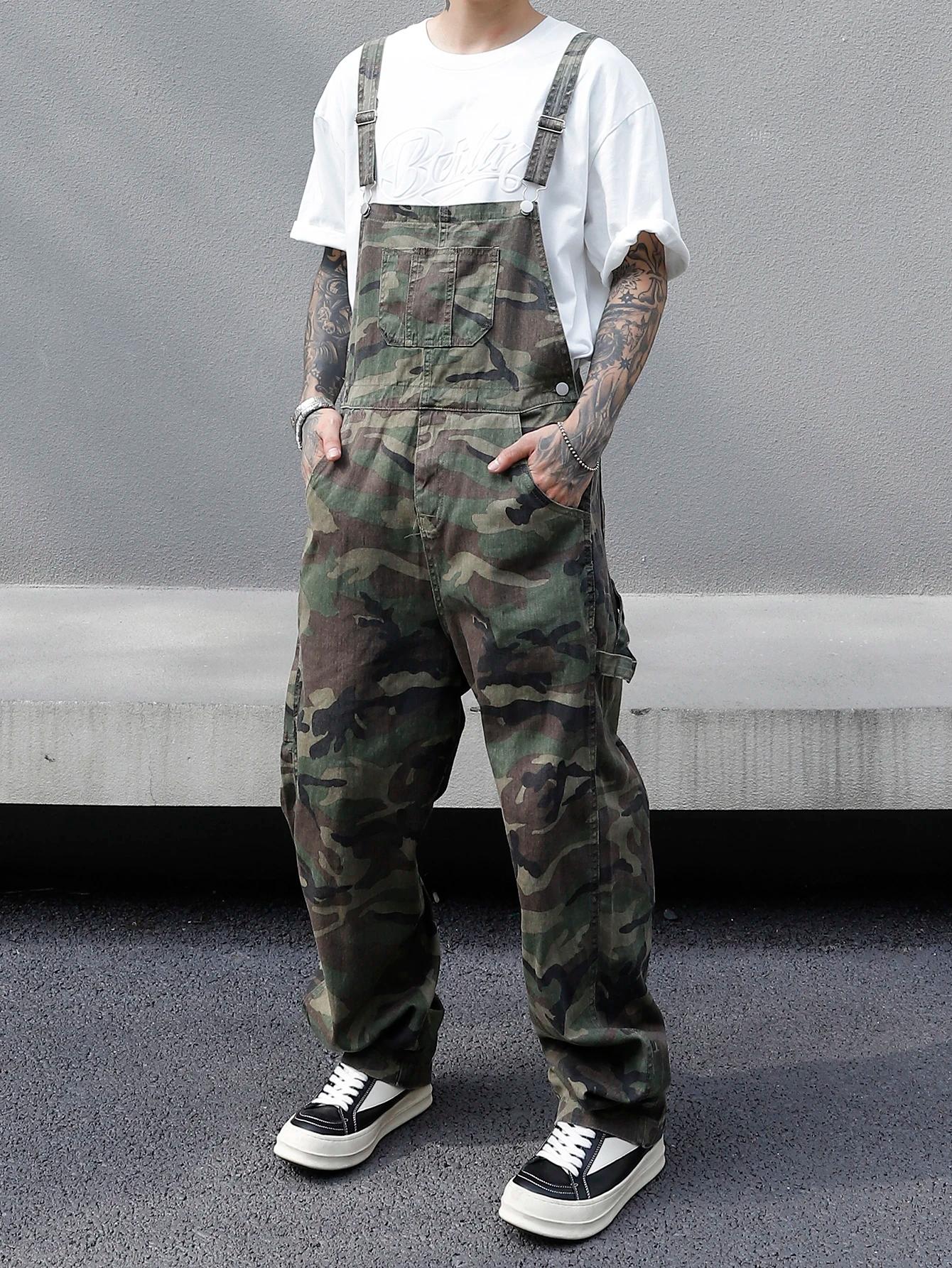 Salopette en jean imprimé camouflage multi-poches pour hommes – Coton, non élastique, lavable en mac