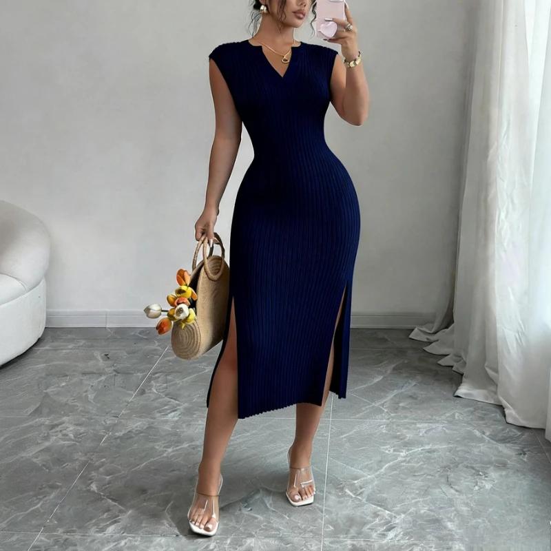 Robe longue moulante en maille blanche pour femme, col en V, sans manches, élastique, avec fente lat