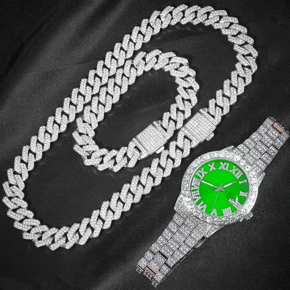Montre à chaîne cubaine pour hommes, 3 pièces, Hip Hop Miami, bordure glacée, pavé de strass, rappeu