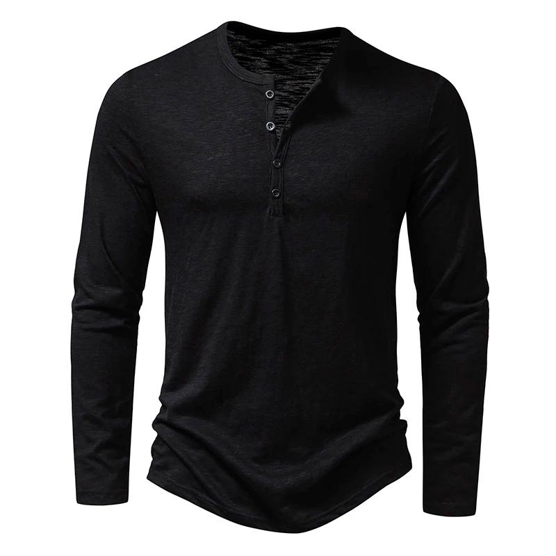 Nouveau hommes coton Henley t-shirt à manches longues T-Shirts basique décontracté bouton col respir