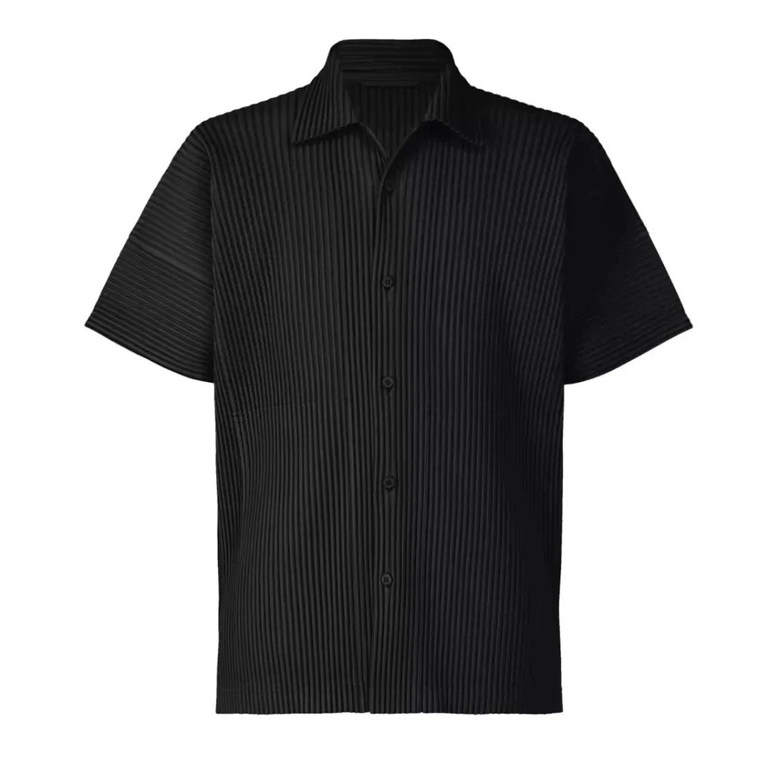 Miyake chemise à revers plissée à manches courtes t-shirt pour hommes chemise unie chemise boutonnée