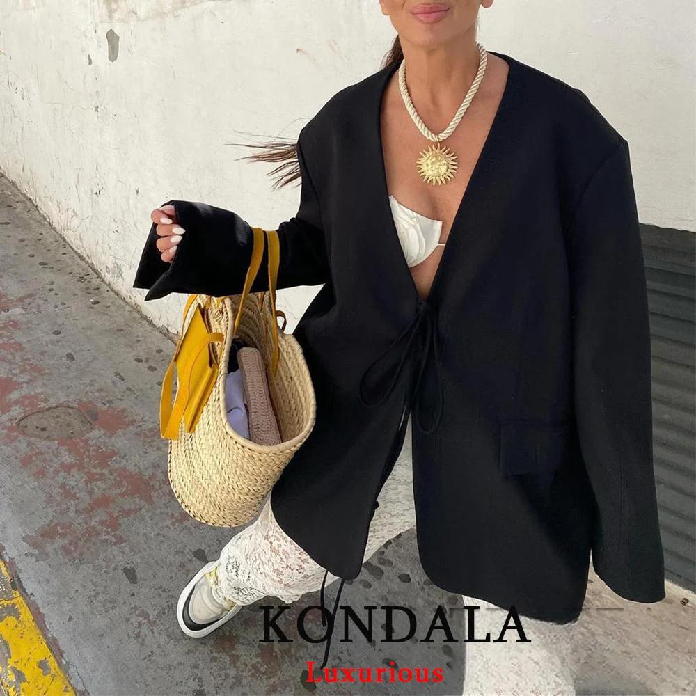 KONDALA décontracté surdimensionné noir Blazer femmes col en V nœud papillon poches vestes amples mo