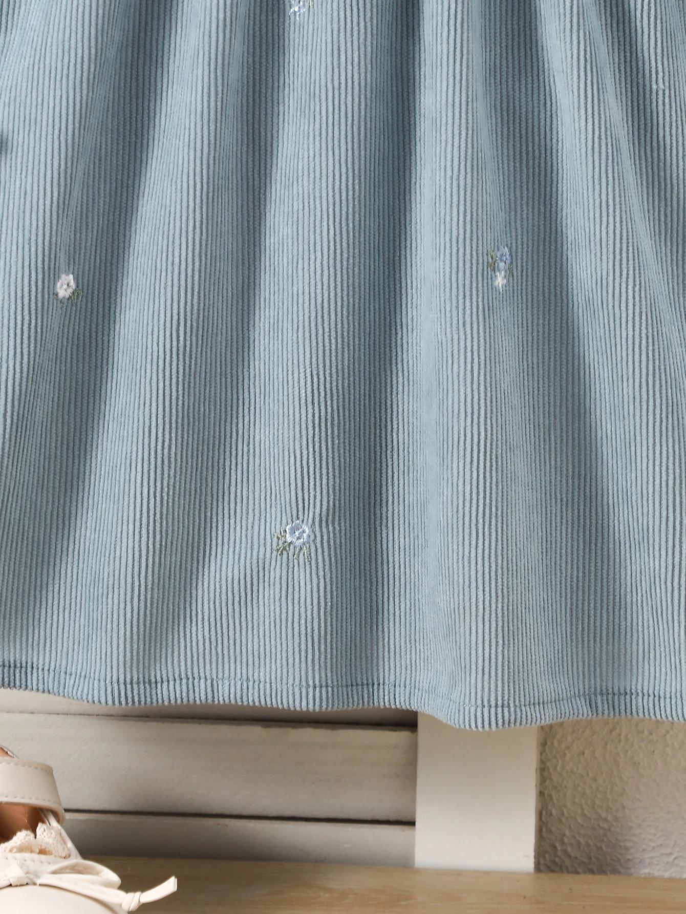Robe en velours côtelé brodée de fleurs pour jeunes enfants, col brodé bicolore, robe à manches long