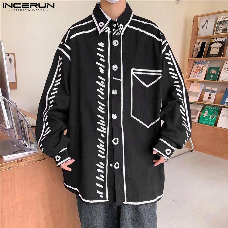 INCERUN beaux hommes hauts 2024 Manga dessin animé imprimé ligne chemise mode mâle Streetwear offre 