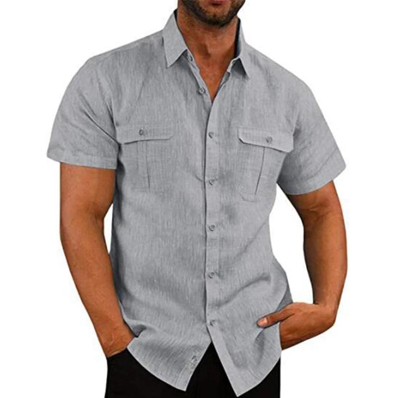 Chemise en coton et lin pour hommes, avec poches, décontractée, plage, manches courtes, couleur unie