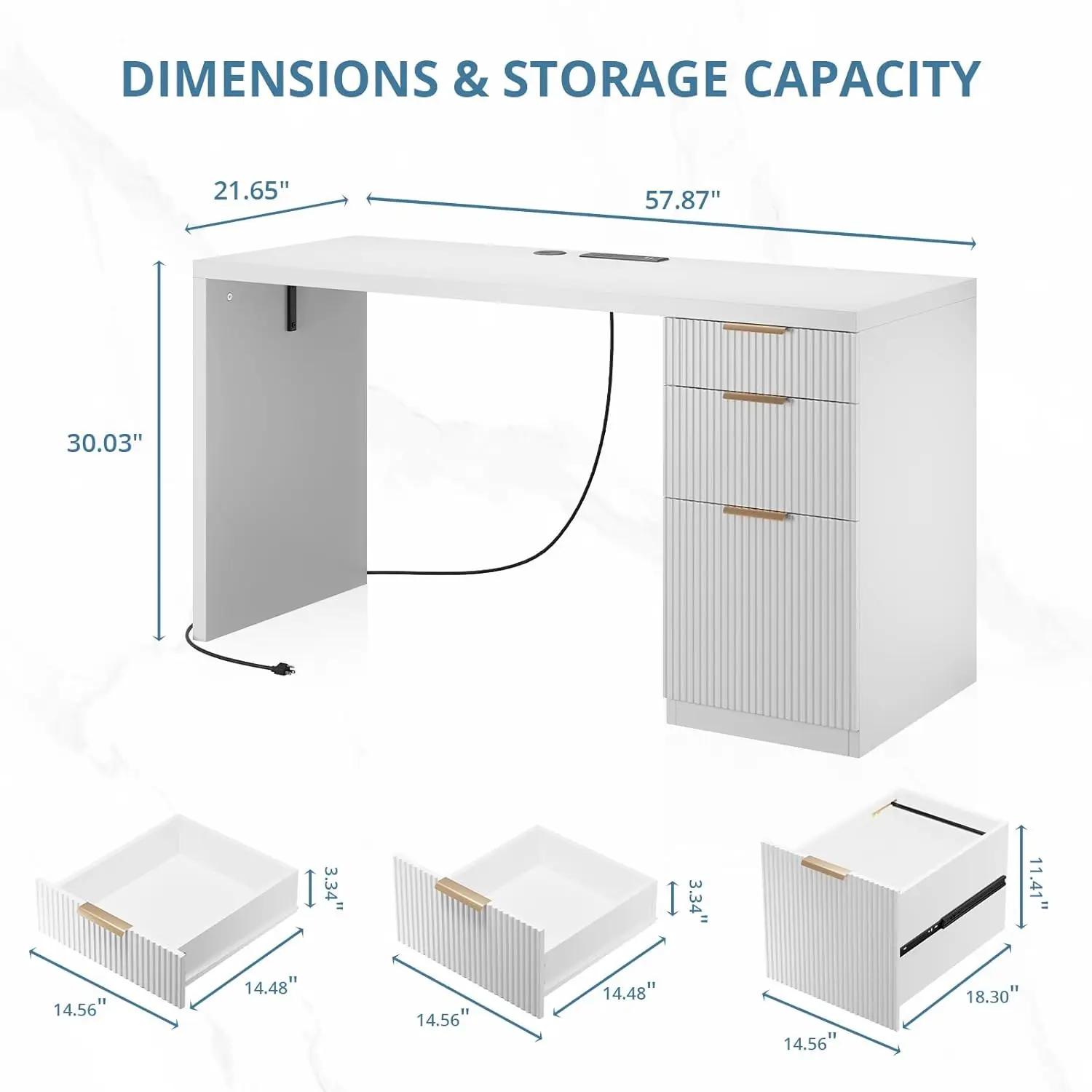 Bureau de direction moderne de 58 pouces avec rangement, bureau de télétravail avec tiroir et armoir