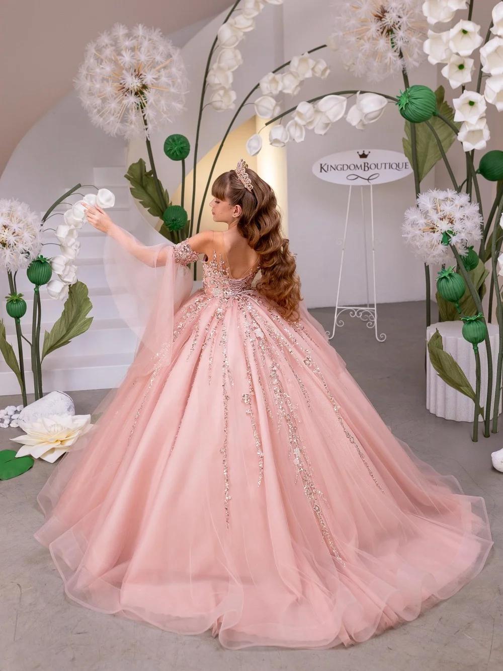 Robes de demoiselles d'honneur roses pour mariage, robe de princesse luxueuse et bouffante à épaules