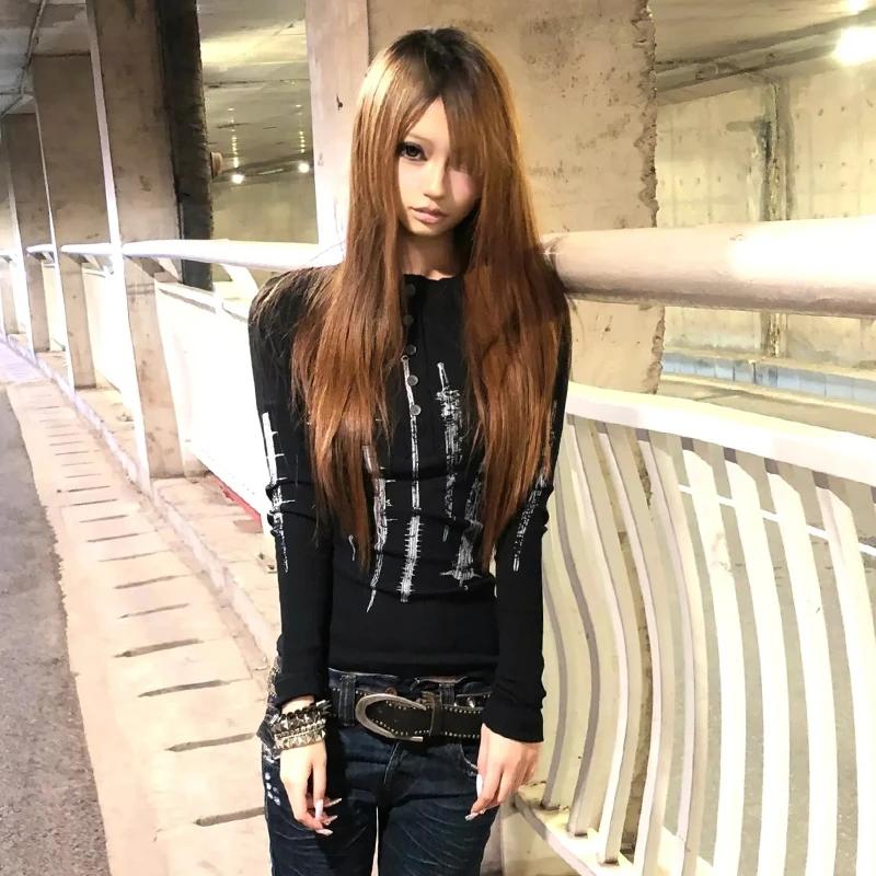 Karrcat Grunge esthétique tatouage imprimé hauts tricotés Trashy Y2k à manches longues tricot T-shir