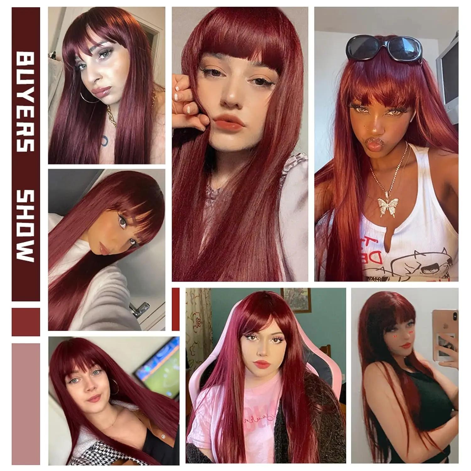 Perruque Synthétique Rouge Vin Clair avec Frange pour Femme, Cheveux Longs et Lisses, Cosplay Nature