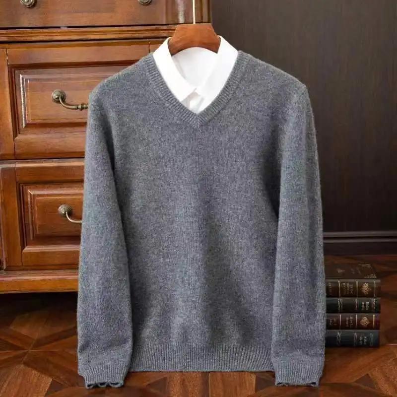 2025 hommes 100% laine mérinos cachemire col en v pull pull intelligent décontracté basique à manche