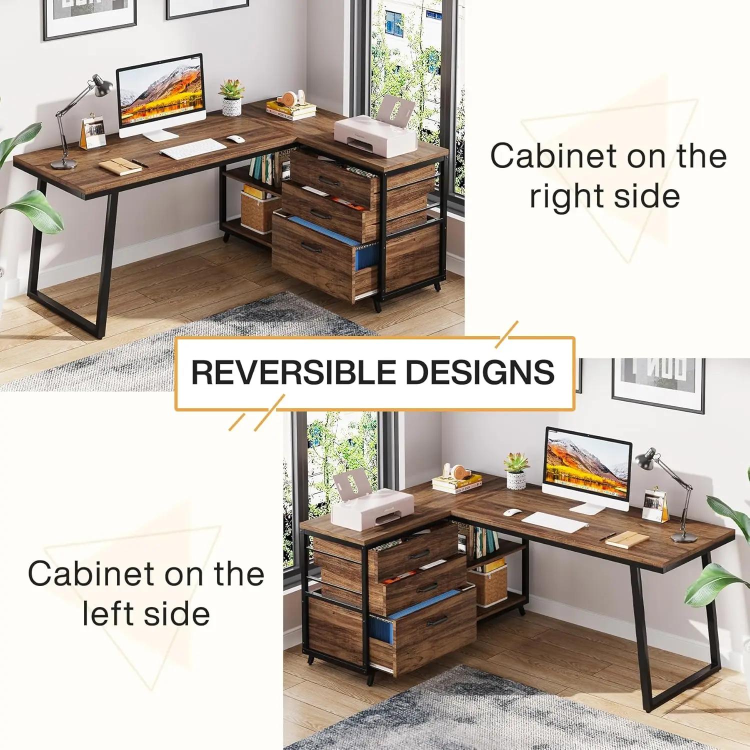 Bureau d'ordinateur en forme de L avec 3 tiroirs, bureau à domicile avec étagères, bureau PC industr