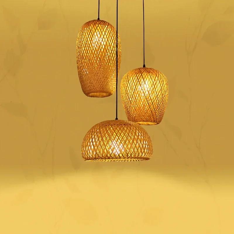 Classique 3 pièces lampes suspendues bambouo en bois E27 lustres éclairage plafonniers salon chambre