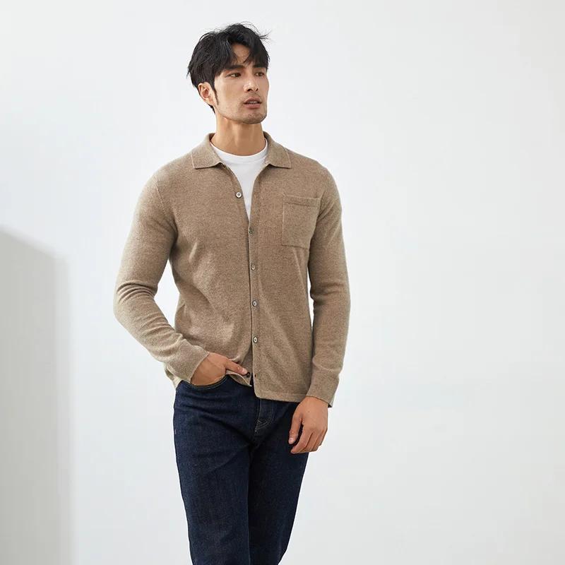 Cardigan tricoté en cachemire pour homme, couleur unie, manches longues, col POLO, veste décontracté