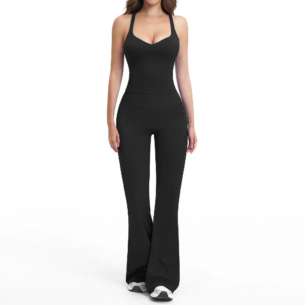 Ensemble de yoga 2 pièces pour femme : pantalon évasé et débardeur de sport antichoc – Tenue de spor