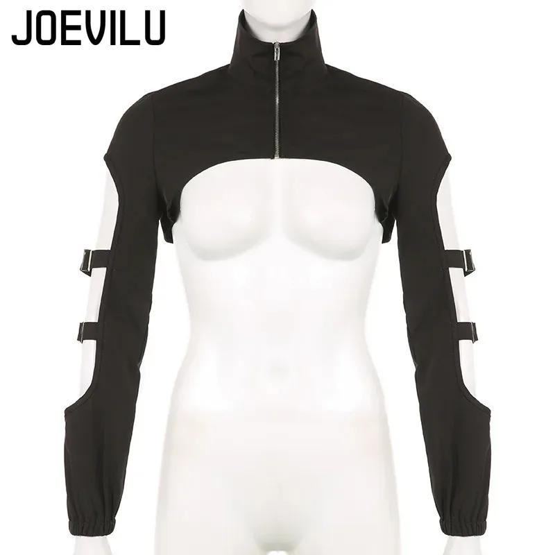 JOEVILU Femmes Cyberpunk Goth Harajuku Récolte Hauts Manches Longues Évider Fermeture Éclair T-shirt
