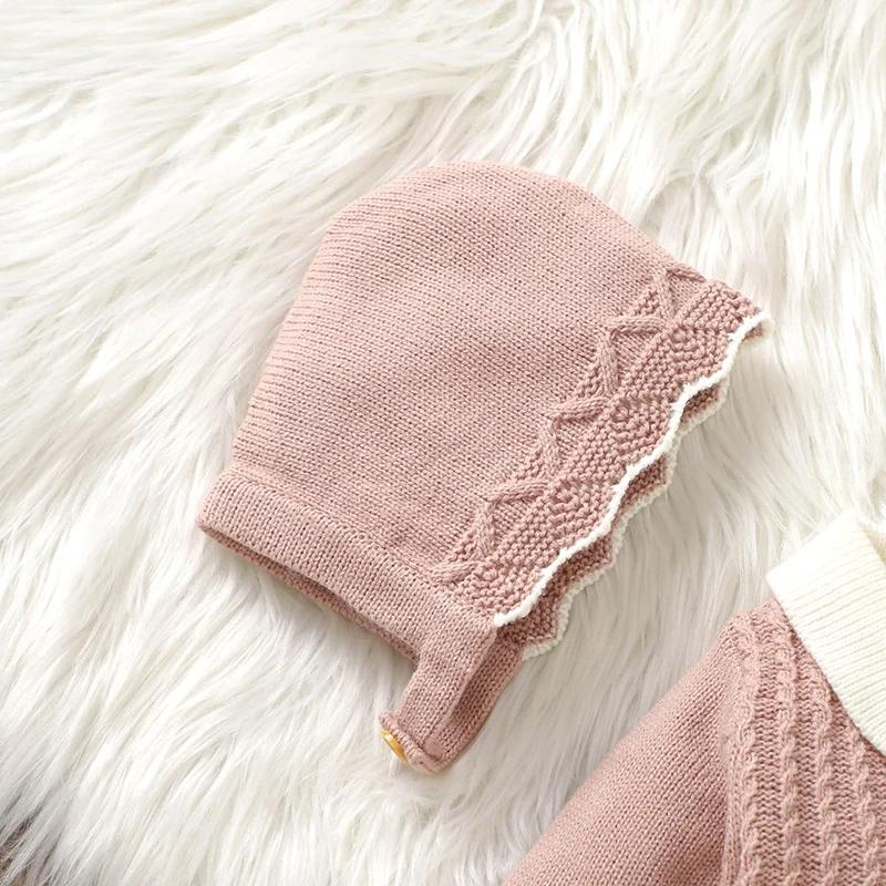 Barboteuse pour bébés filles, chapeaux, vêtements d'automne et d'hiver, rose, manches longues, trico