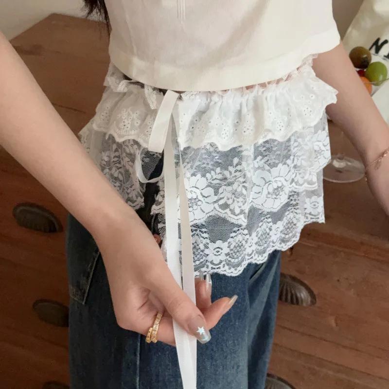 Jupe irrégulière en dentelle pour femmes, mode coréenne, rideau à fleurs blanches, maille, demi-corp