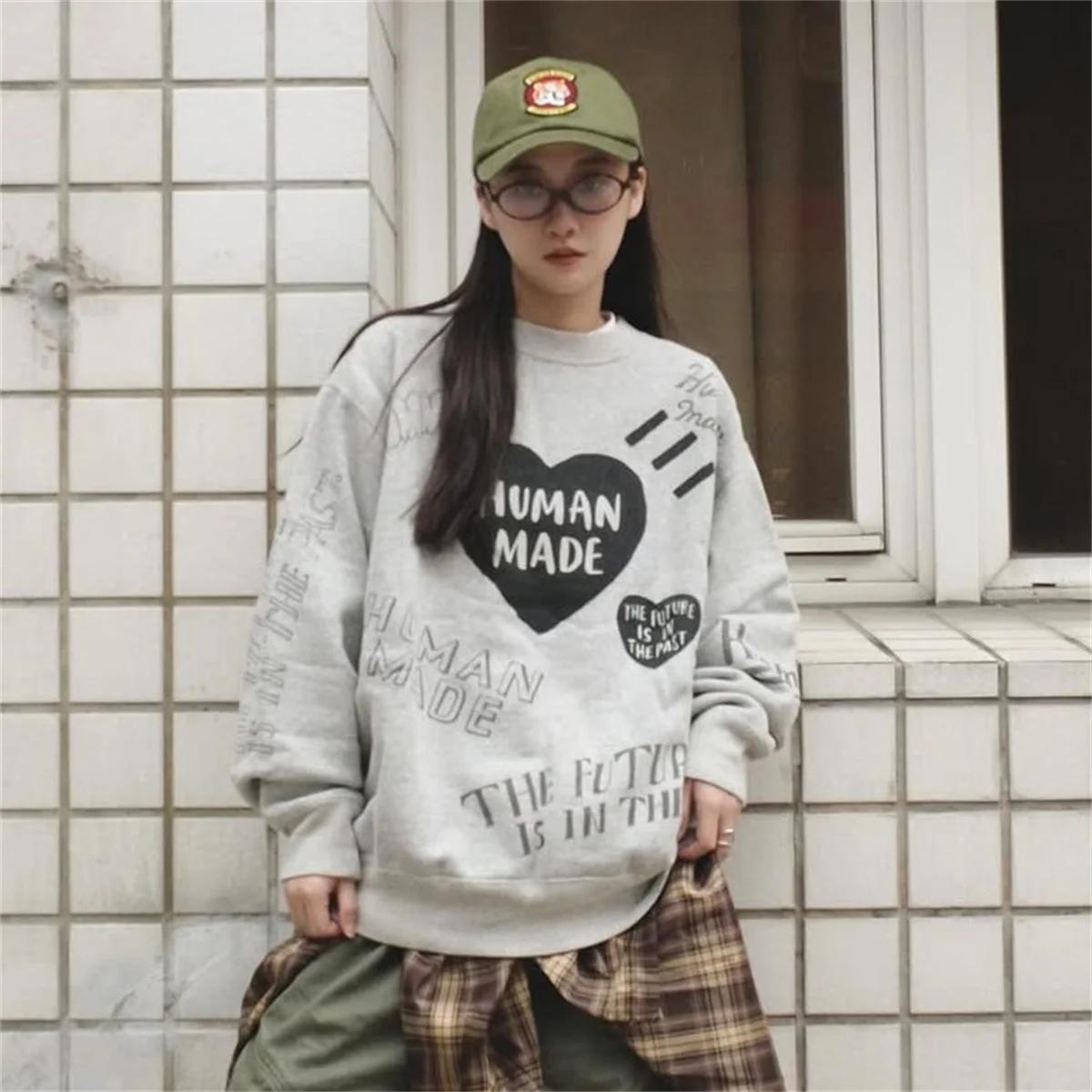 HUMAN MADE Sweat-shirt à capuche avec lettres en forme de cœur, doublure en polaire, rétro, unisexe,