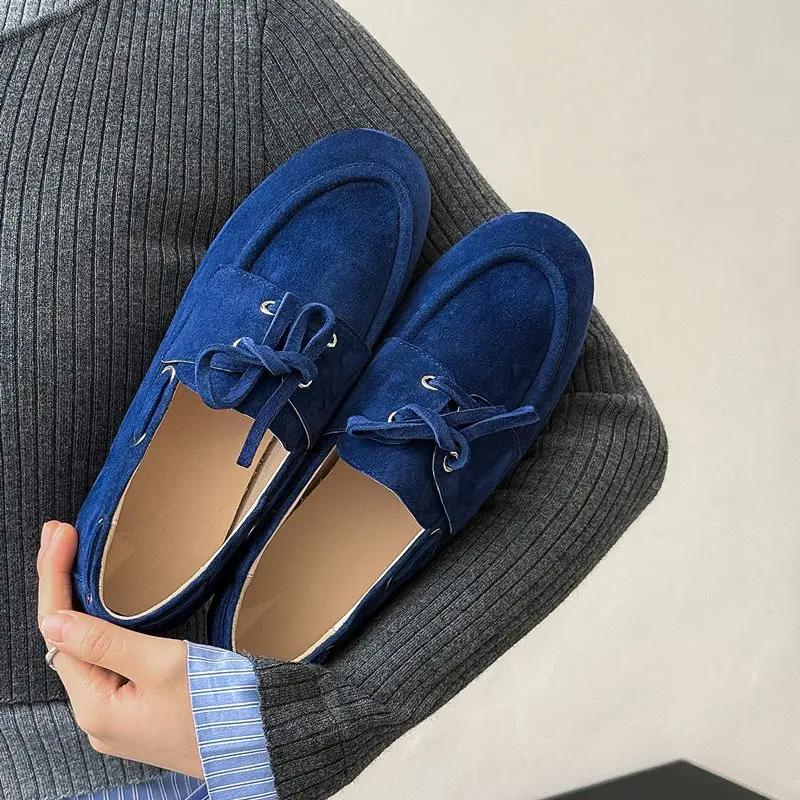 MORAZORA – mocassins en cuir suédé pour femmes, 3 couleurs, chaussures plates à lacets, bout rond, c