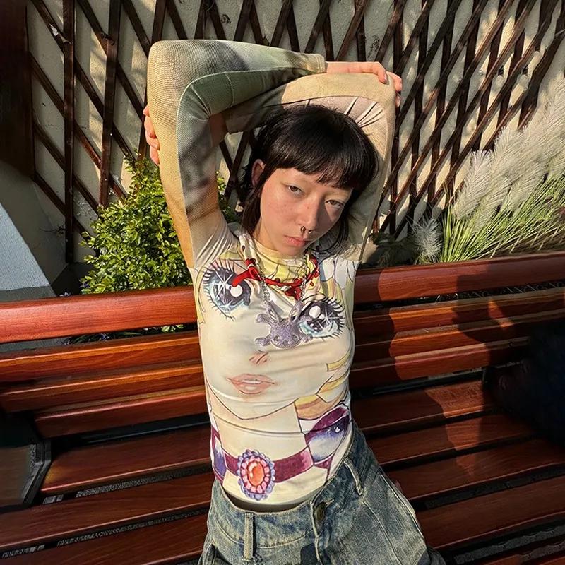 Karrram japonais Y2k Anime imprimé T-shirt 2000s esthétique à manches longues T-shirt Vintage Haraju