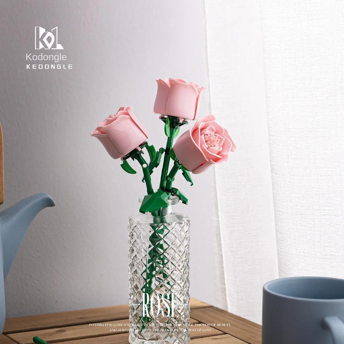 Blocs de construction de roses pour la saint-valentin, bouquet immortel, puzzle, pièces, jouet, déco