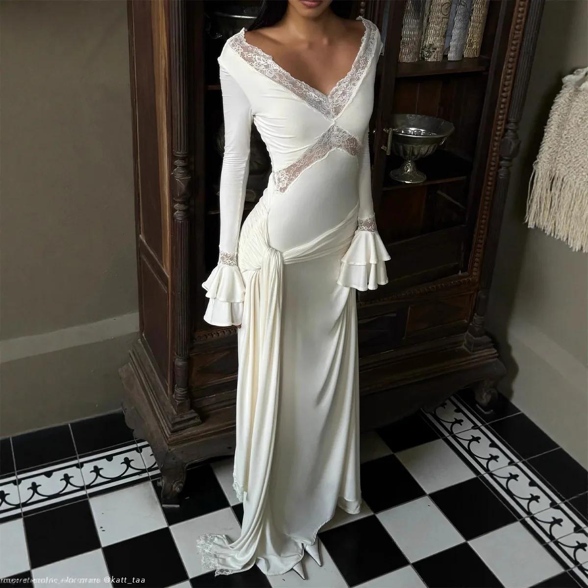 Robe longue en dentelle pour femmes, drapée, froncée, ajourée, Patchwork, col en V, manches longues,