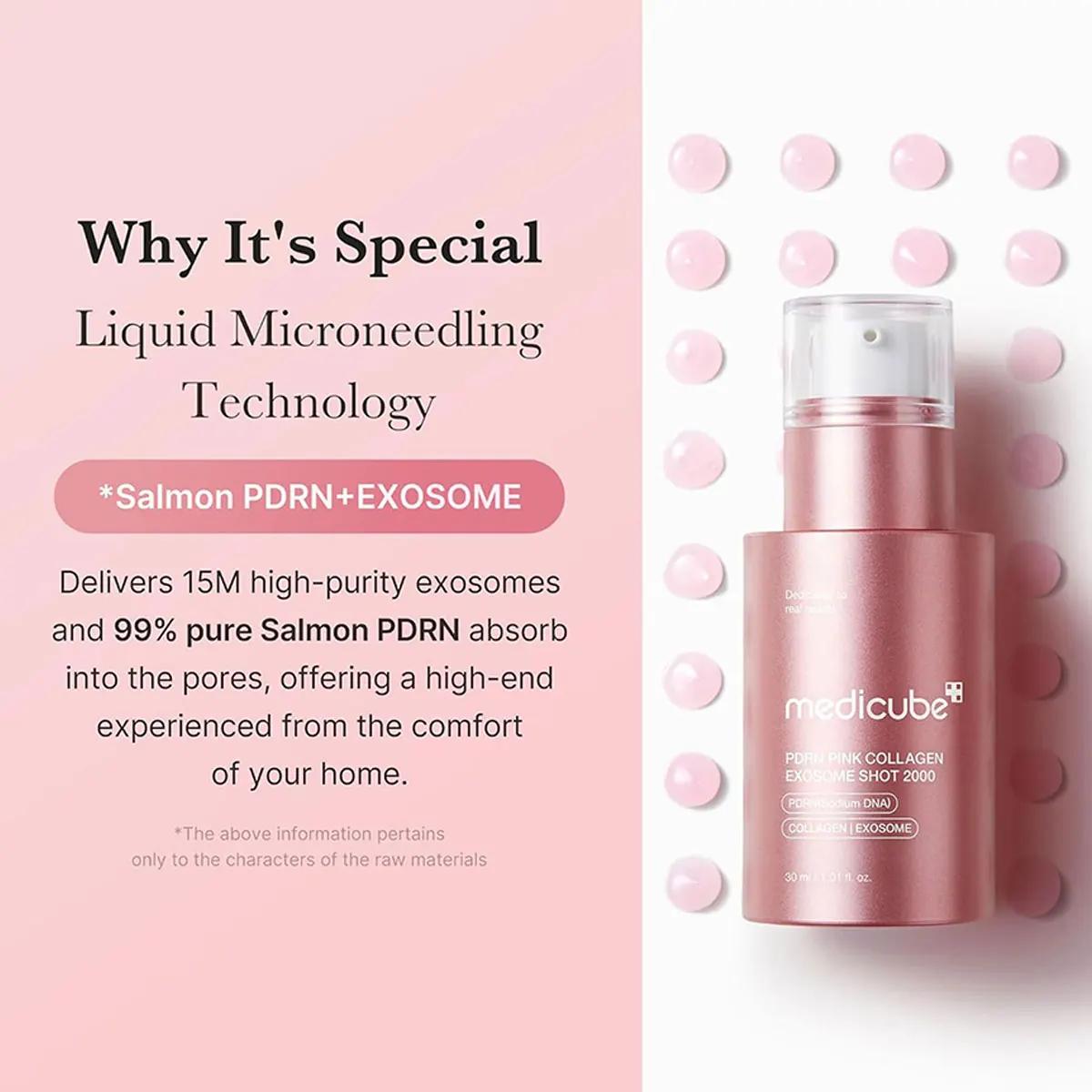 Medicube PDRN Shot d'exosome de collagène rose, liquide transparent rose, léger et absorbant rapidem