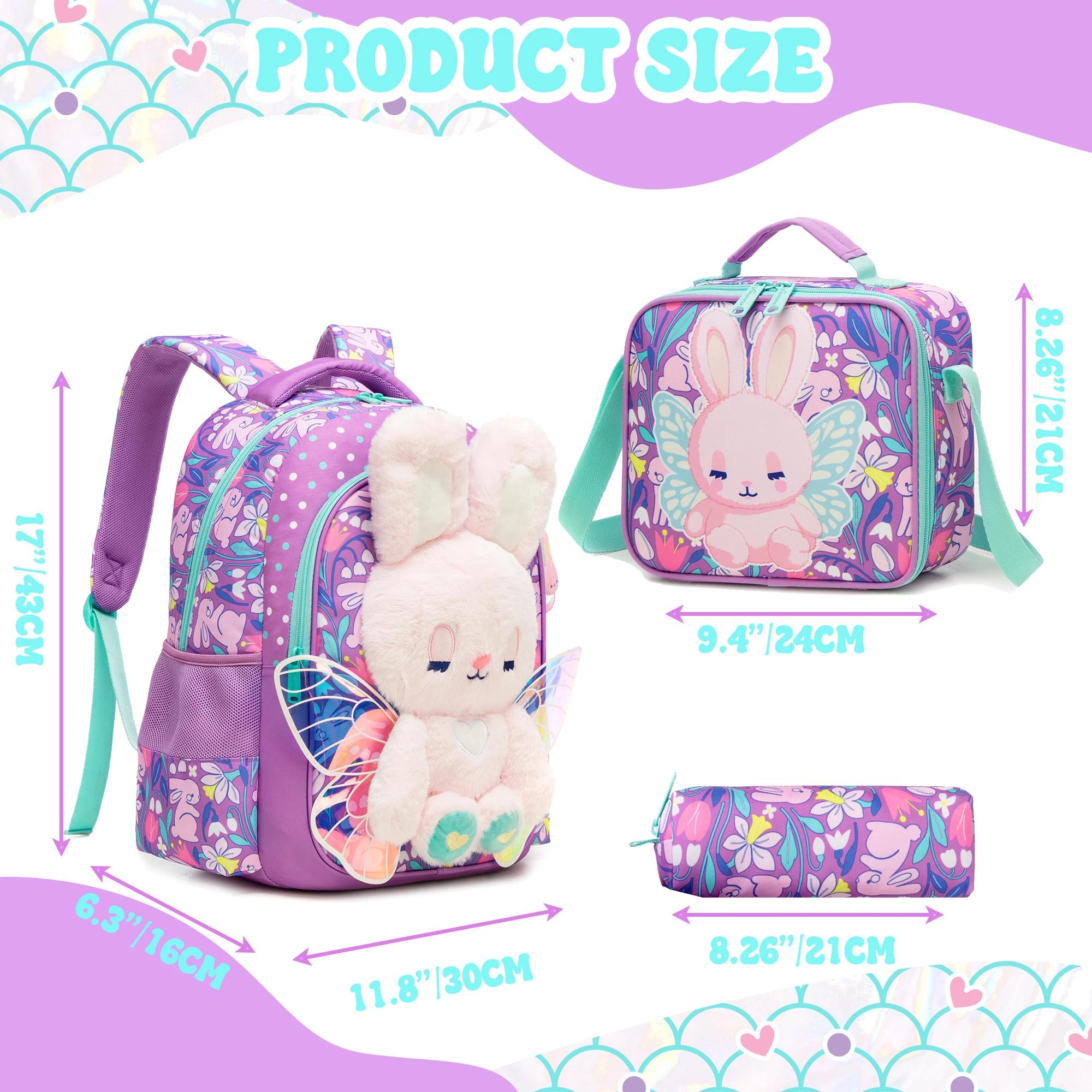 Ensemble de 3 sacs à dos pour filles, mignon lapin en peluche 3D avec ailes - Sac à dos scolaire à i