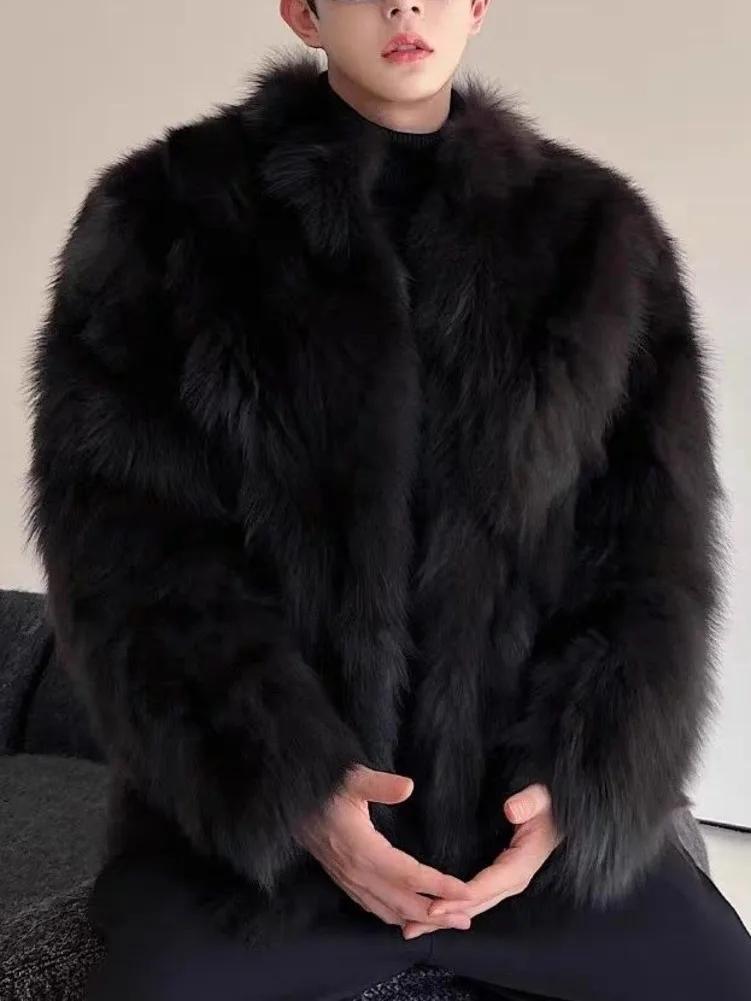 Imitation de fourrure épaissie hommes fausse fourrure de renard manteau mâle chaud pardessus à manch