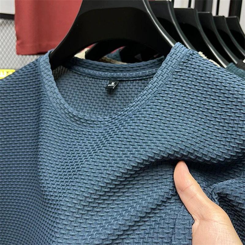 T-shirt d'été en maille et soie glacée pour hommes, manches courtes, col rond, demi-manches, fin, co