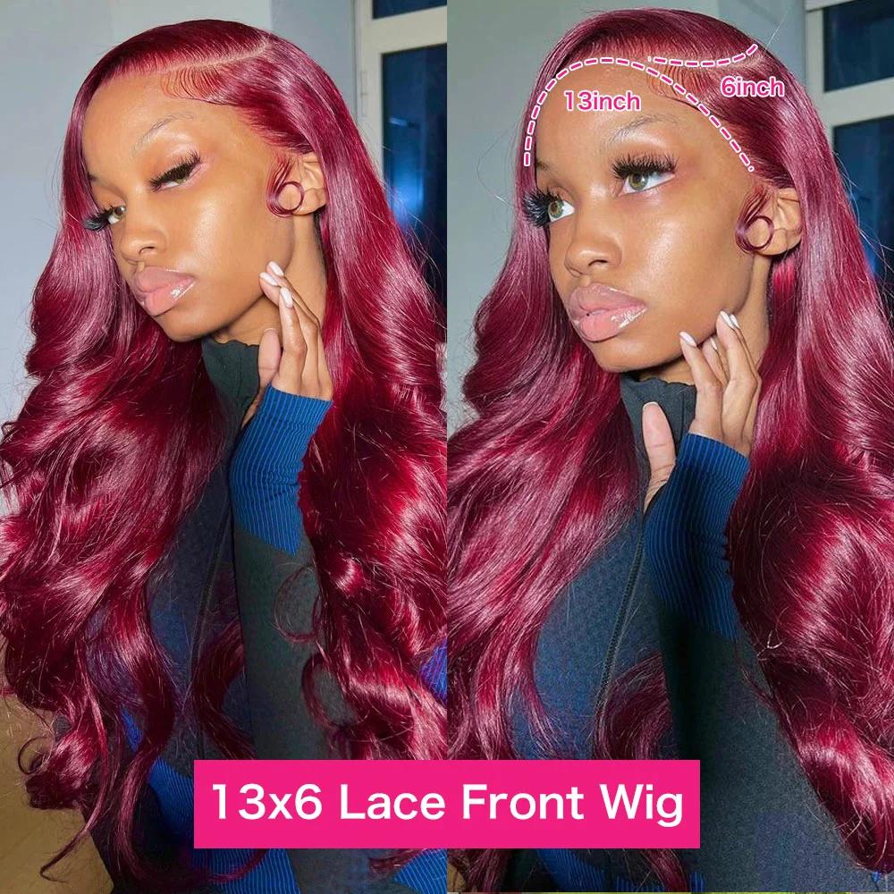 Perruque Body Wave Lace Front Wig Naturelle, Cheveux Humains, Couleur Rouge Bordeaux 99J, Transparen