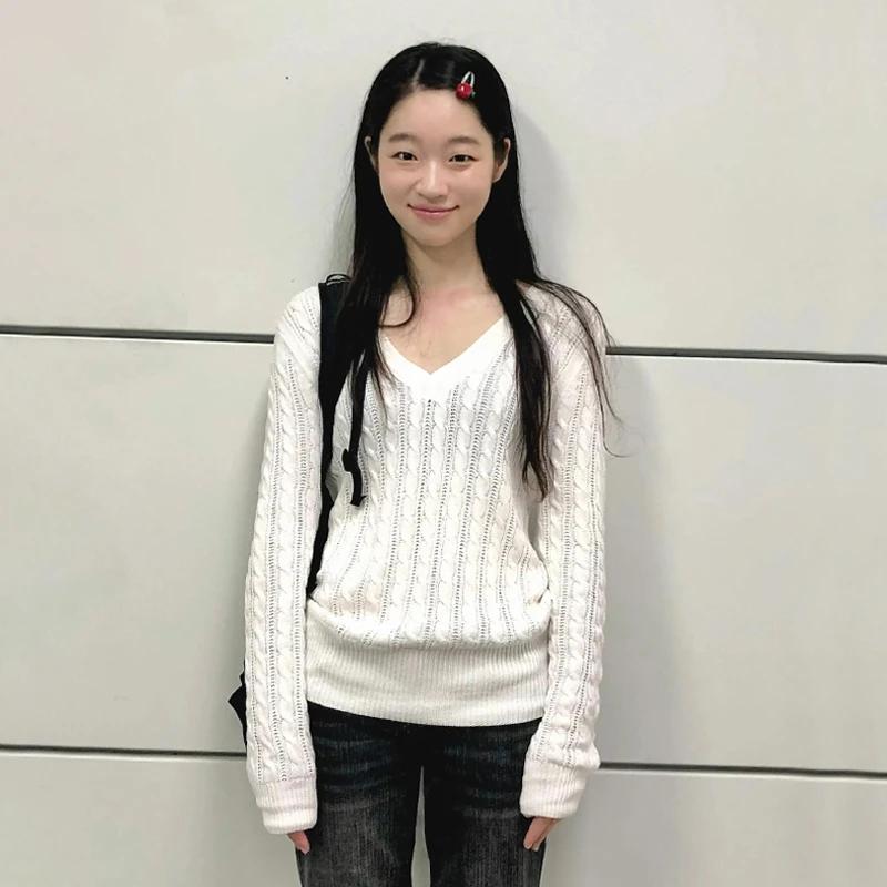 Karrram japonais Y2k col en v blanc pull Vintage Harajuku tricot mince pull Style coréen automne hiv