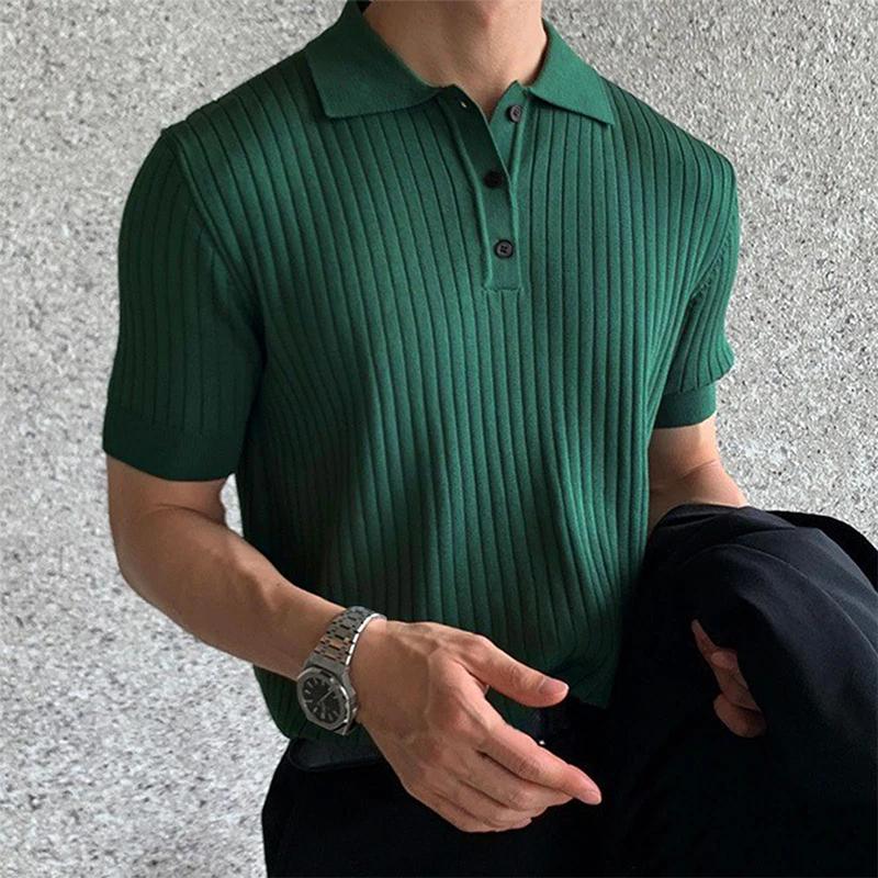 Vêtements d'été pour hommes rétro tricot revers rayé Polo couleur unie à manches courtes mode léger 
