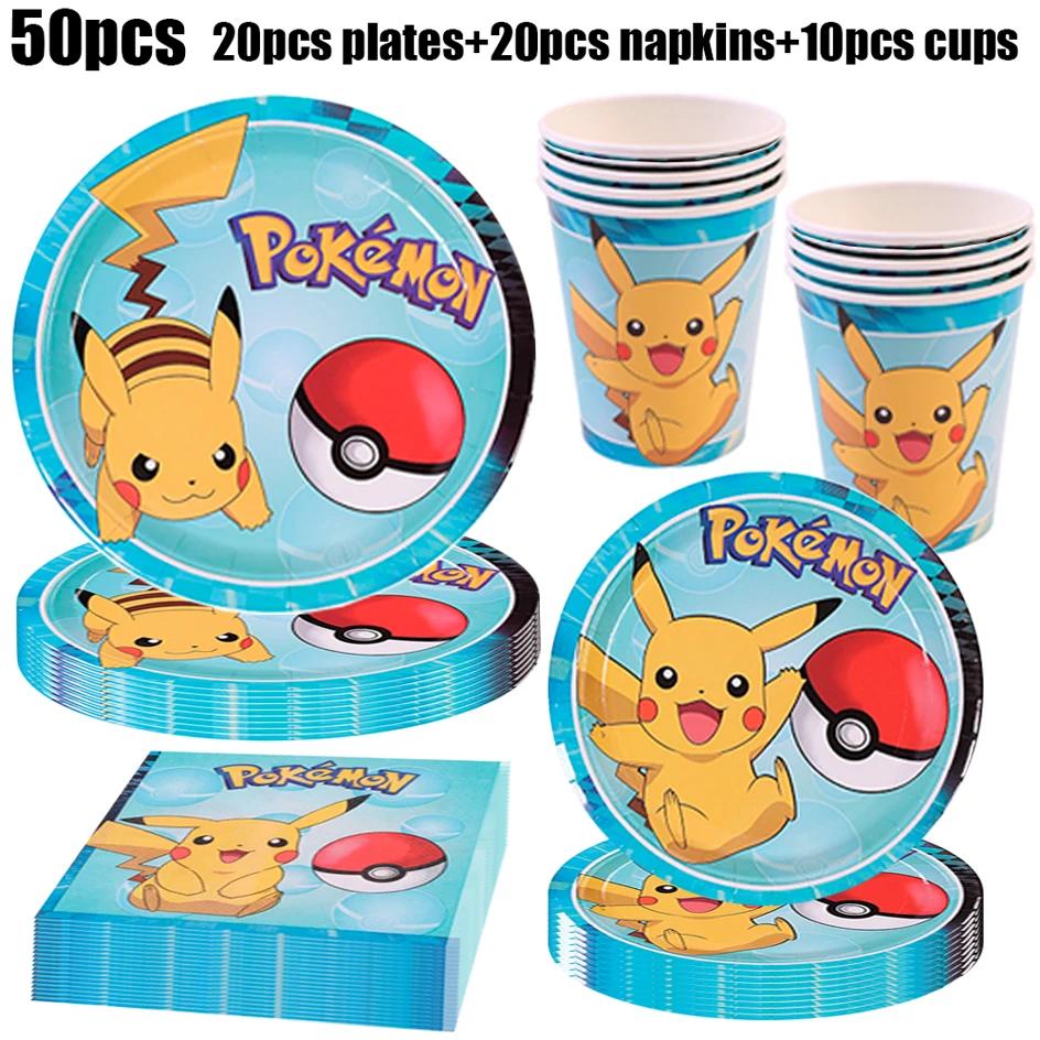 Décorations de fête d'anniversaire Pokemon, vaisselle en papier, assiettes, serviettes, tasses, napp