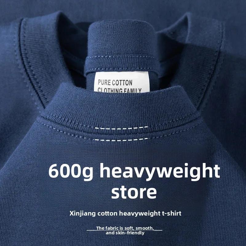 T-shirt en coton kaki épais 600G pour homme, style minimaliste, coupe ample décontractée, manches co