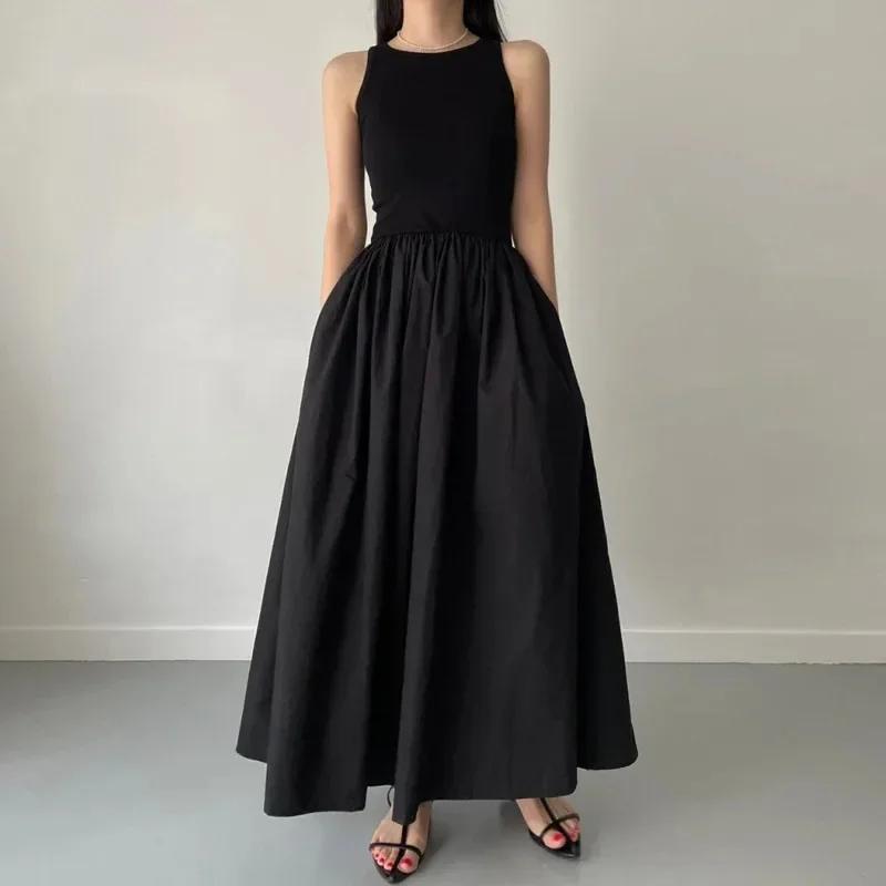 Robe longue noire Simple et élégante pour femmes, col rond, sans manches, taille haute, tempérament,