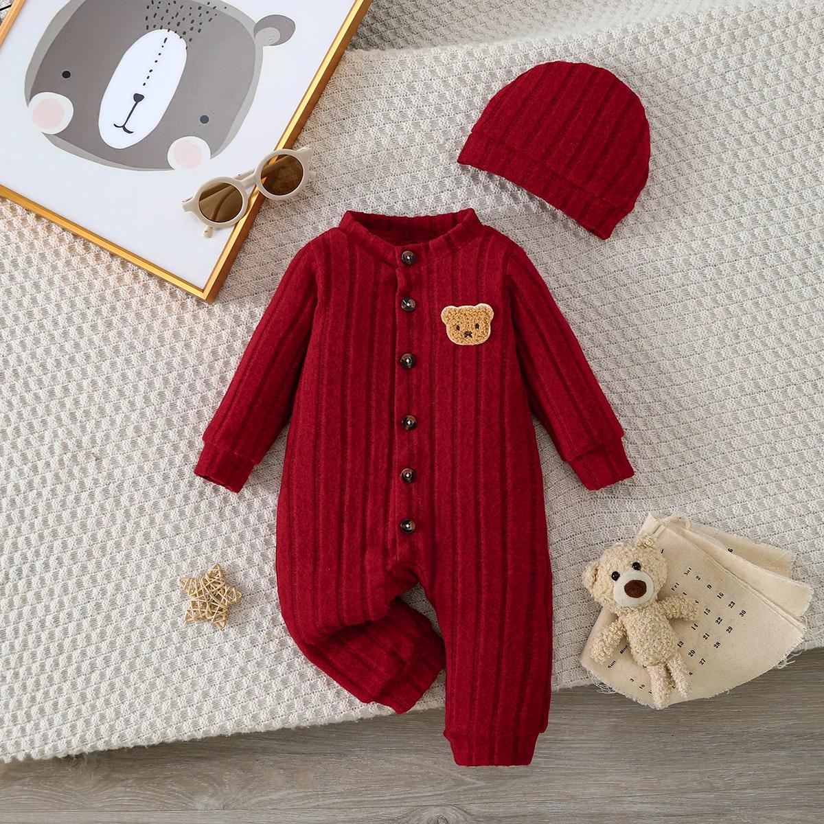 【Bébé garçon】 Combinaison rouge d'automne et d'hiver avec boutons à simple boutonnage sur le devant 
