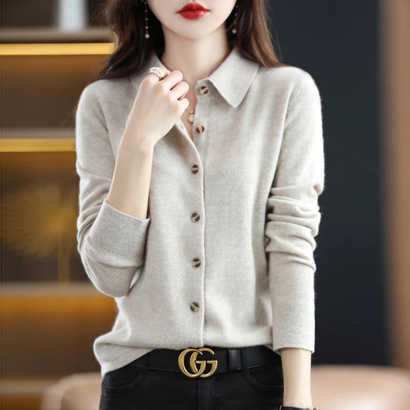 Cardigan tricoté à col POLO pour femmes, basique, polyvalent, veste en laine filée, élégant, pull à 