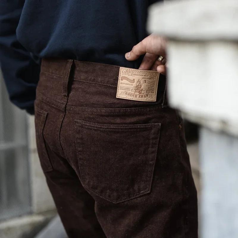 Ceaisszhan-Jean en denim marron pour homme, coupe effilée, vintage, 13.8 Oz