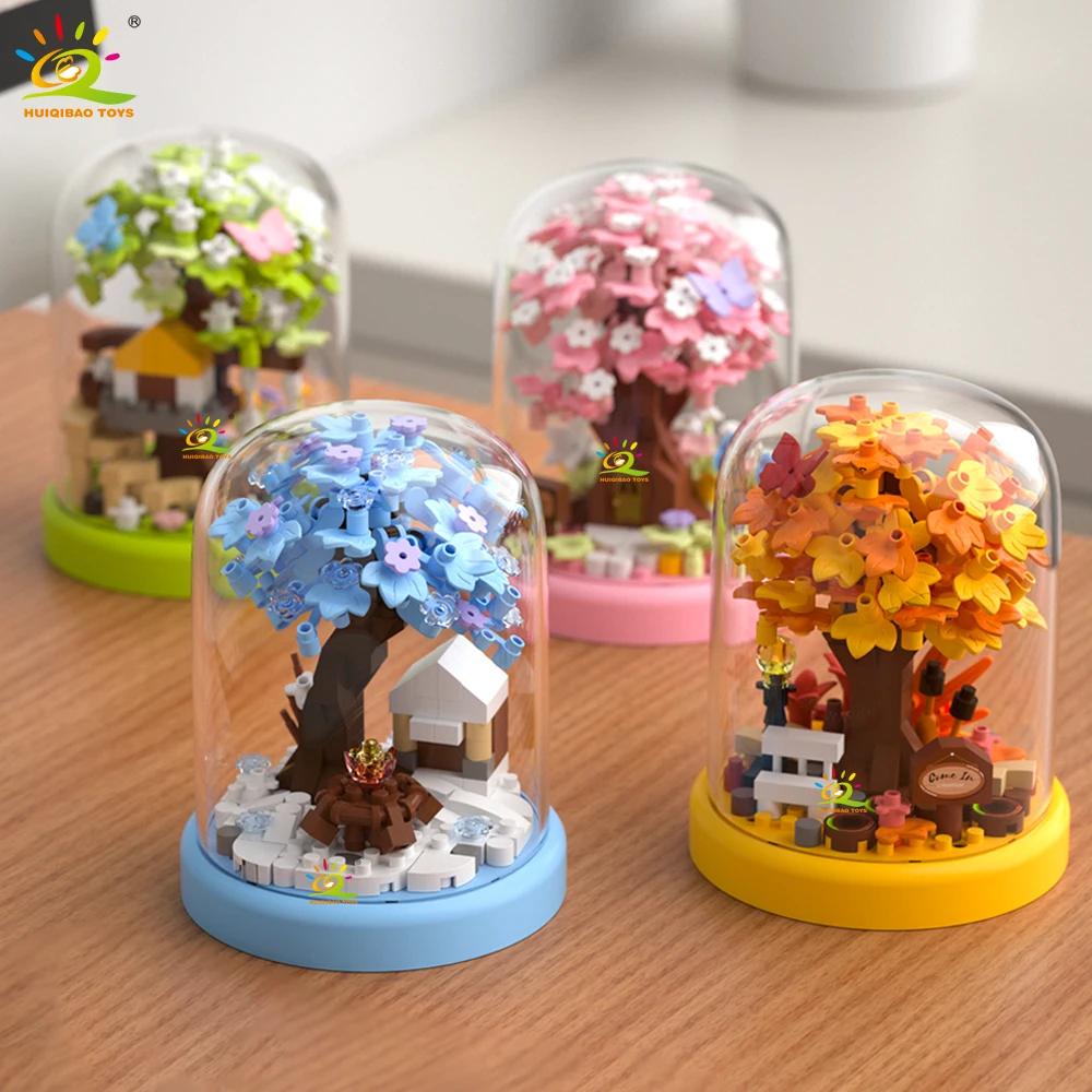 HUIQIBAO MOC Mini maison dans les arbres quatre saisons avec boîte d'affichage modèle Micro bloc de 