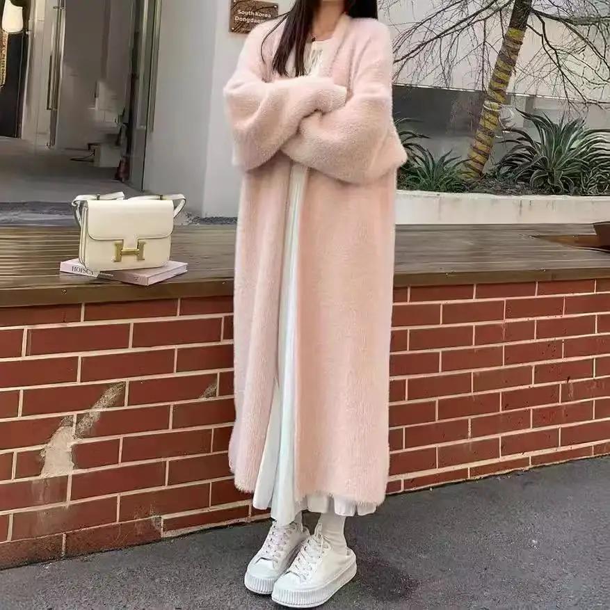 Manteau en tricot ouvert de style ample et paresseux, pull épais à manches longues en fausse fourrur