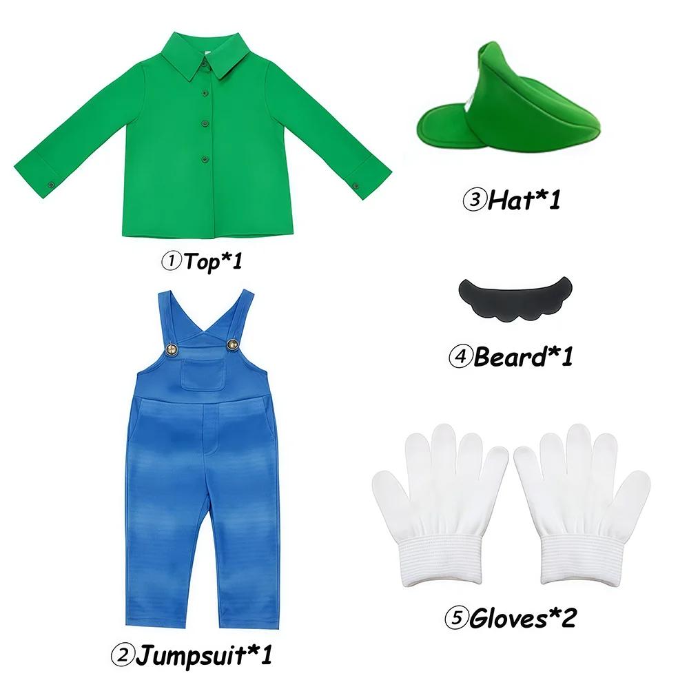 Chemise de jeu Anime Bros Boys rouge et verte avec salopette pour enfants, costume de fête d'Hallowe