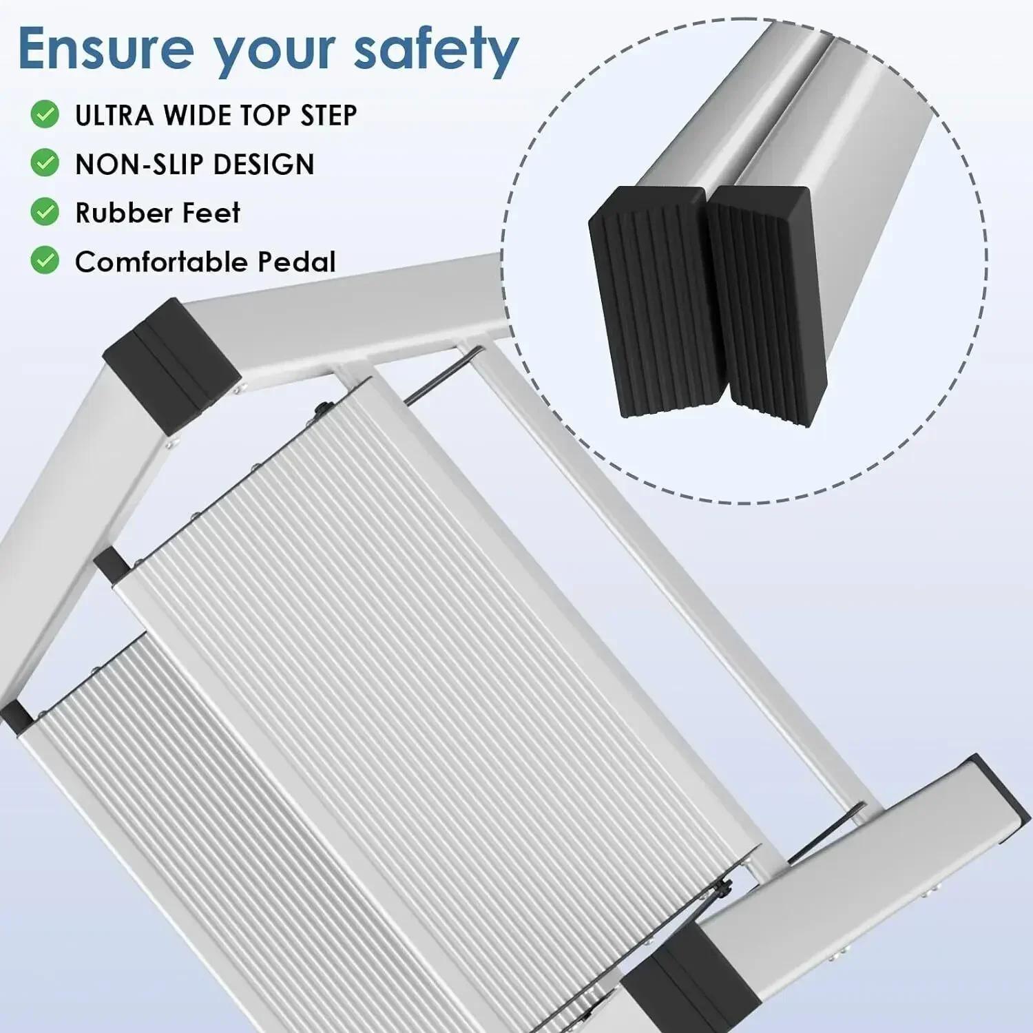 Escabeau Pliant en Aluminium avec Large Pédale Antidérapante, Escabeau Portable, observateur, Argent