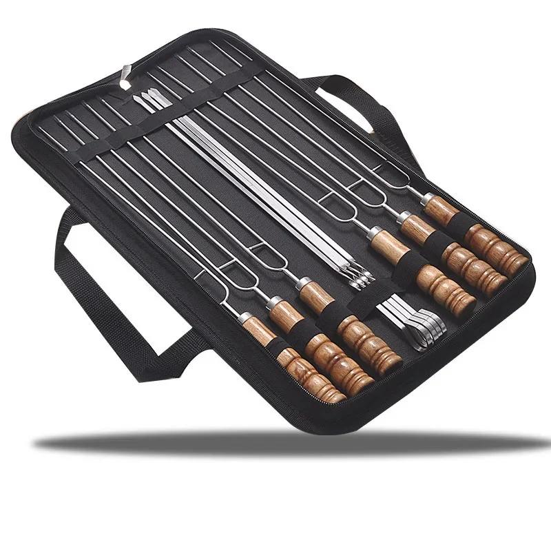 Brochettes de barbecue en fil d'acier inoxydable, manche en bois, bâtons de rôtissage pour gril, Cam