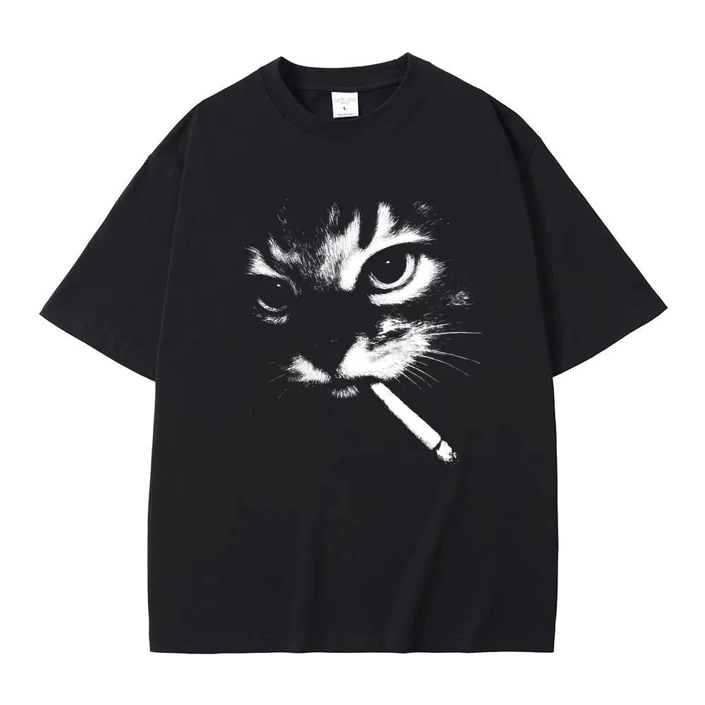 Mème drôle fumer chat visage graphique T-shirts hommes femmes décontracté coton Vintage T-shirts hom