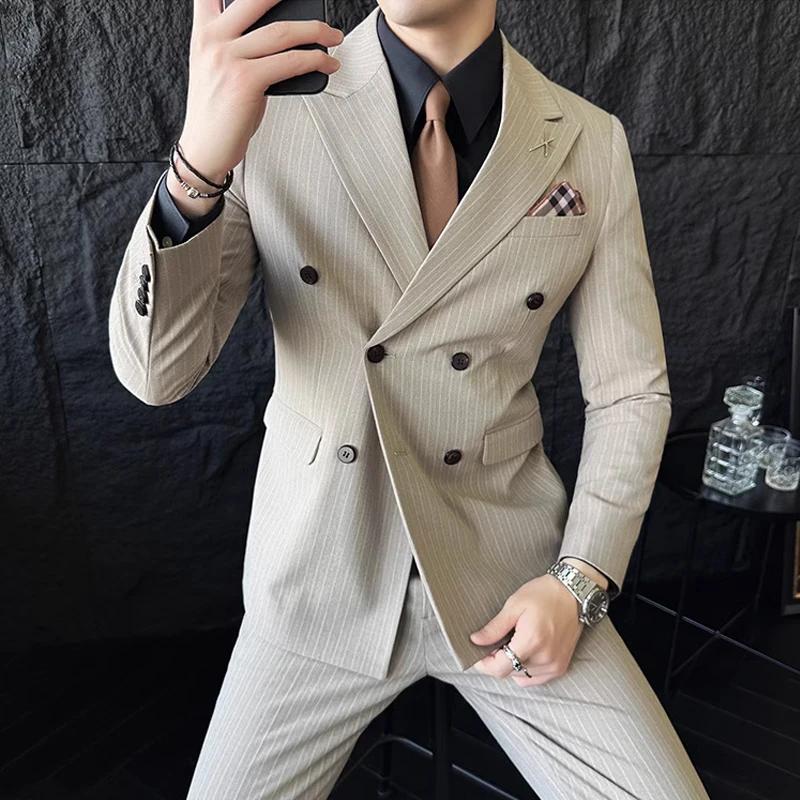 M-7XL ( Blazer + Pantalon) de luxe classique rayé hommes bureau officiel décontracté affaires double